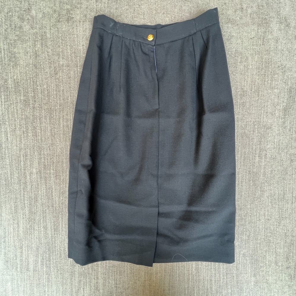 Vintage Womens Pencil Skirt 25 Black Pleated Formal Business Career Gold Button